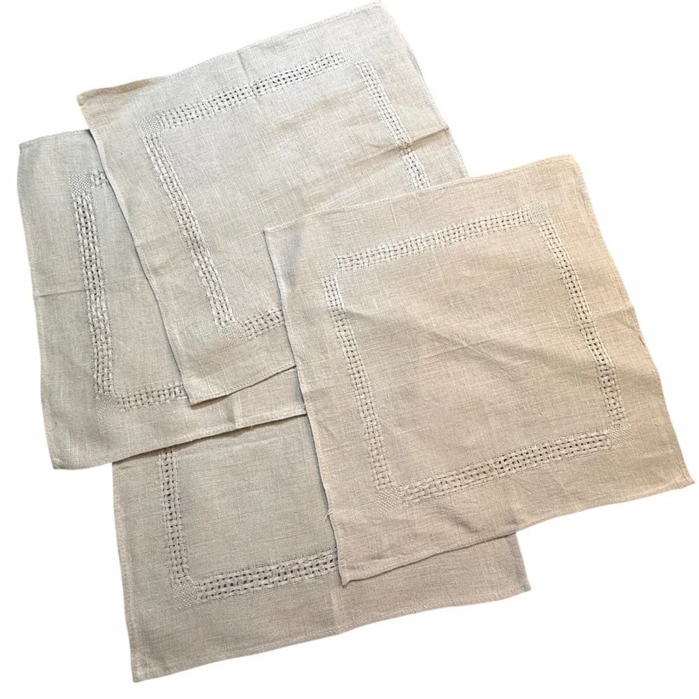 Set of 4 Linen Hemstitch Napkins Natural Beige Tablecloths‎